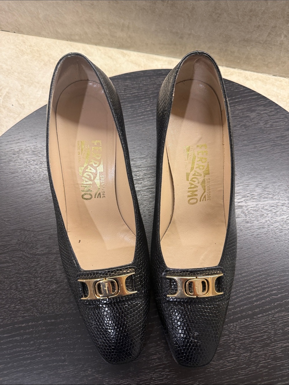 Salvatore Ferragamo Black Textured Leather Loafers with Gold Buckle - Picture 5 of 6